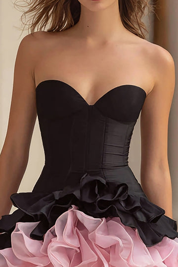 Noir et rose Une ligne corset en cœur Corset Robe de cocktail courte avec volants